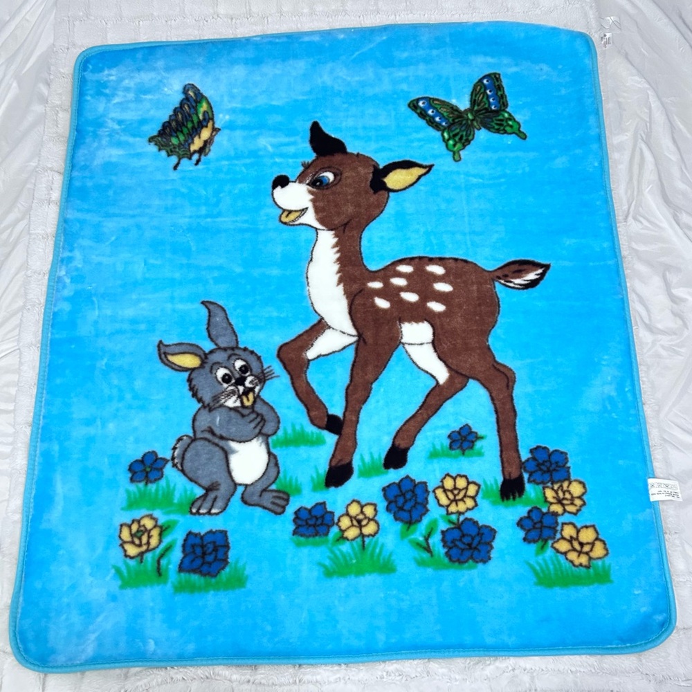 Vintage‎ Rare Bambi & Thumper 100% Acrylic Plush Fleece Blanket Blue 44x52